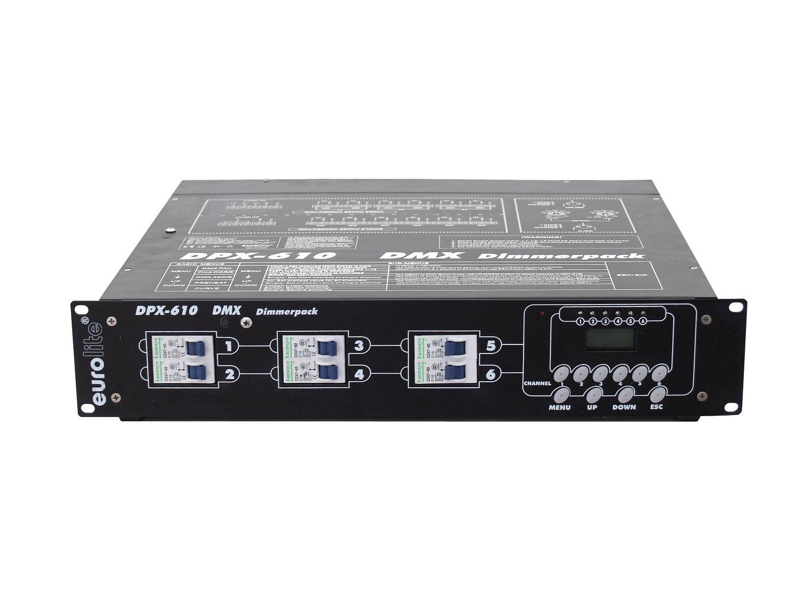 DMX stmievací rack DPX-610, čierny, s prípojkami a ovládacími prvkami na prednej strane.
