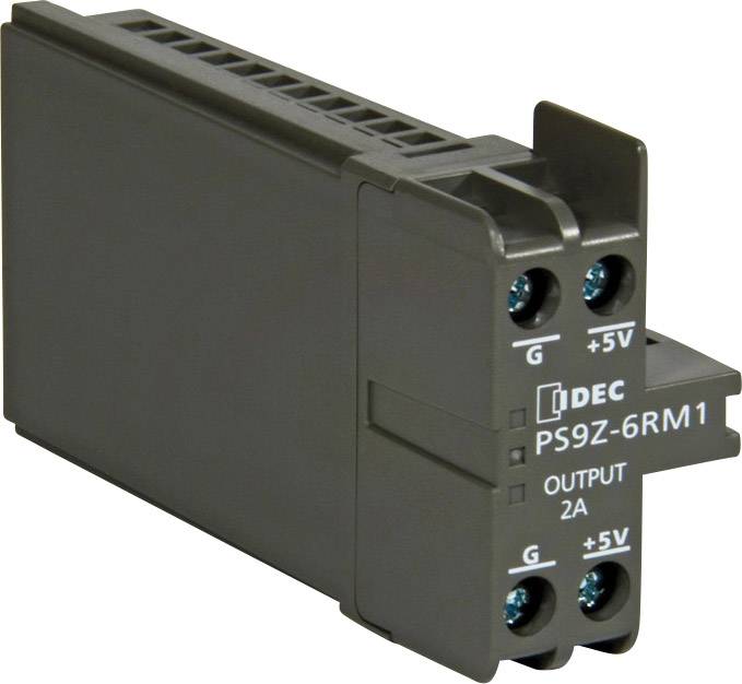 Čierna napájacia spínacia jednotka s nápisom 'IDEC PS9Z-6RM1 OUTPUT 2A'. Má prípojky pre '+5V' a 'G'.