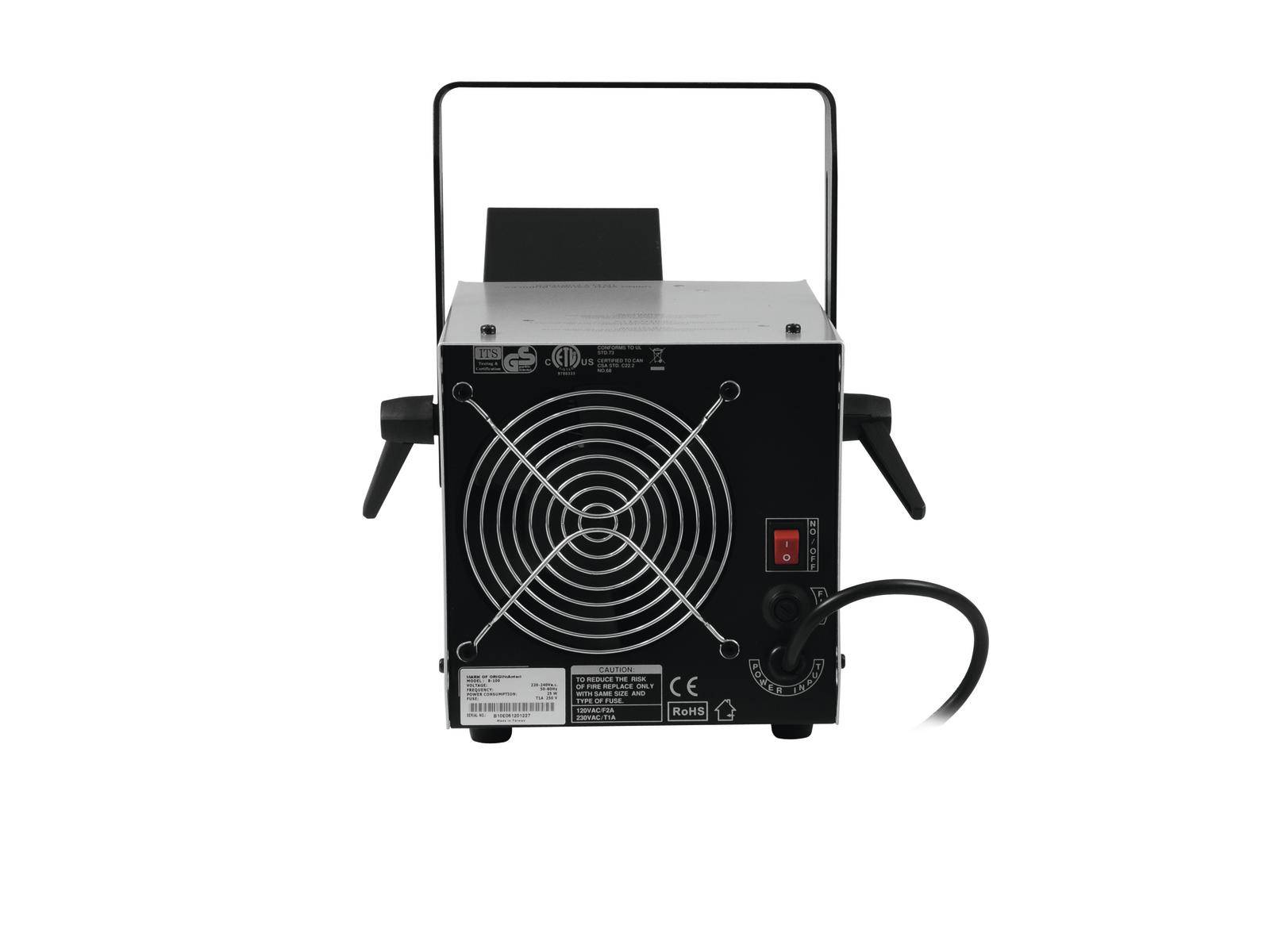 Zadný pohľad elektronického zariadenia s ventilátorom a káblami. Viditeľný vypínač a rôzne konektory.
