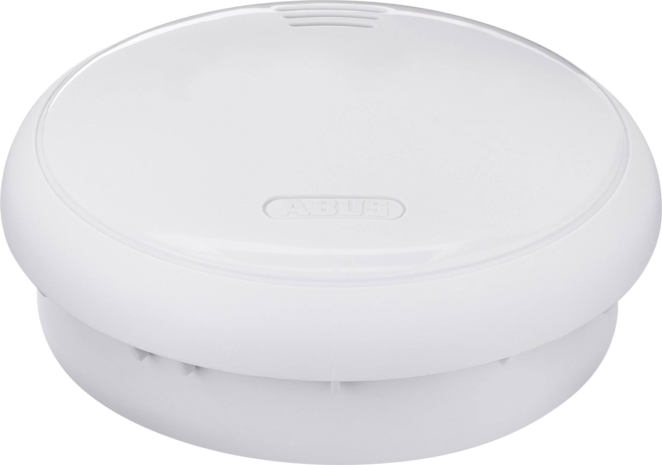 Biely detektor dymu s plochým, kruhovým dizajnom.