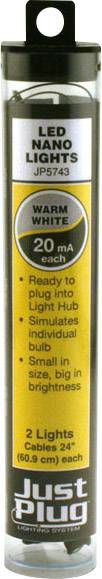 LED Nano svetlá, teplá biela, model JP5743. Dva svetlá, každý kábel dlhý 24 palcov (60,9 cm). Pripravené na zapojenie do Light Hub, 20 mA.