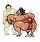 Sumo zápasník v čalúnenom obleku udiera prekvapeného súpera zahalenú päsť boxerskou rukavicou.