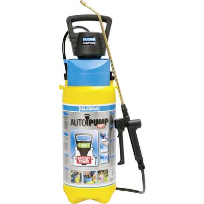 Žltý postrekový tank s nápisom 'AutoPump' a rukoväťou. Akumulátorové postrekovacie čerpadlo je pripevnené na vrchu. Dlhá postreková tyč je pripevnená po boku.