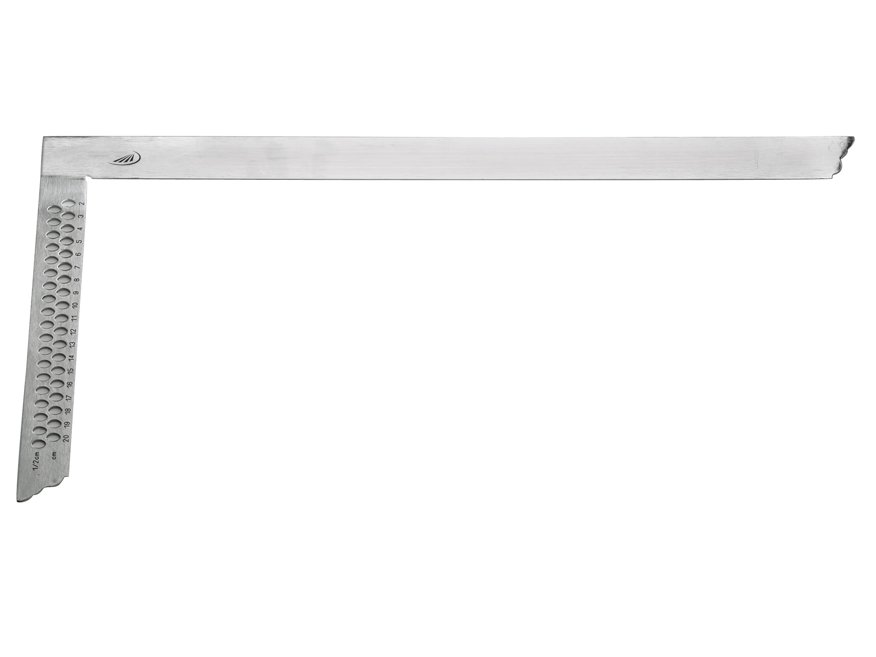 Kovový uhlový pravouholný meter s dierovanou stupnicou na jednom ramene.