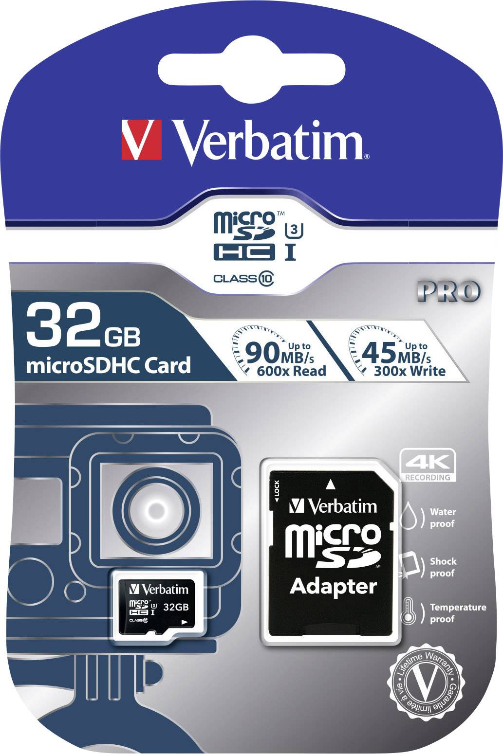 '32 GB microSDHC karta Verbatim s adaptérom, vhodná pre 4K videozáznamy, vodotesná, odolná voči teplotným zmenám, nárazuvzdorná.'