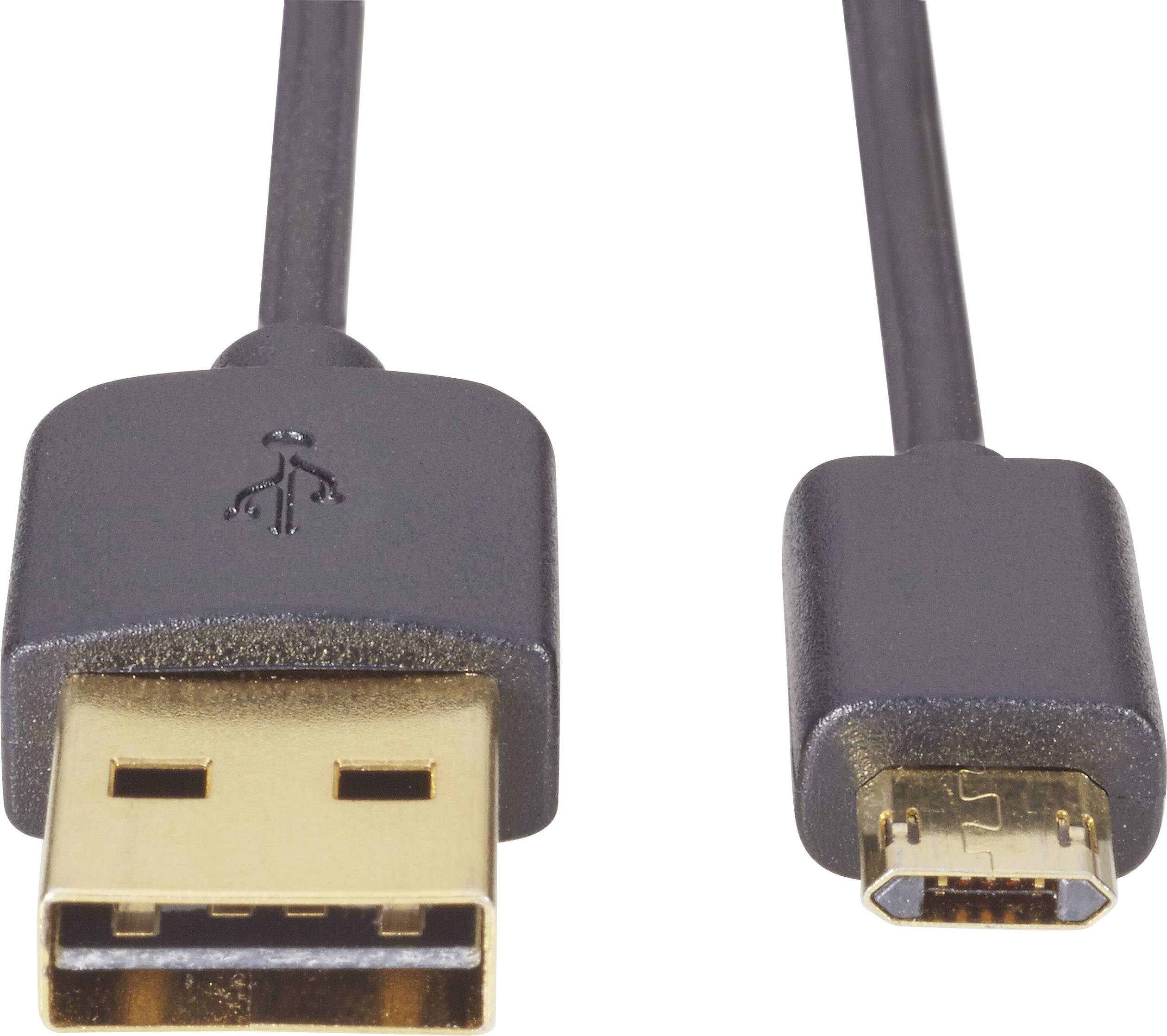 USB kábel: Vľavo USB-A zástrčka, vpravo Micro-USB zástrčka, prepojené čiernym káblom.