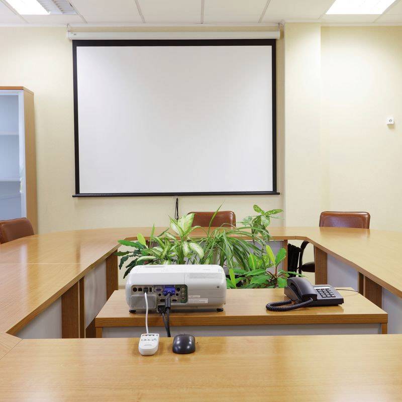 Konferenčná miestnosť s oválnym stolom, rastlinami v strede, projektorom na stole a prázdnym projekčným plátnom.