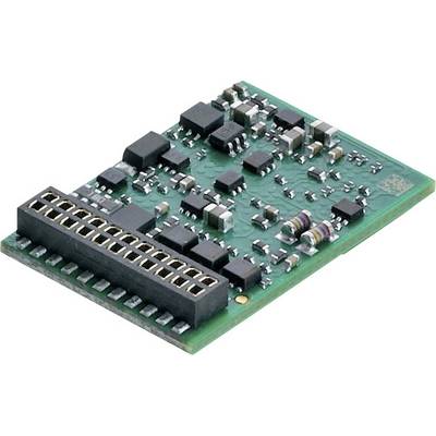 Zelená elektronická doska plošných spojov s čiernymi a sivými komponentmi vrátane viacerých obvodov a pripájacích pinov.