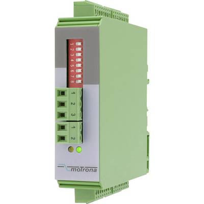 Zelené elektronické zariadenie s 8 červenými prepínačmi a tromi zelenými slotmi. Dole svieti zelená LED dióda. Značka 'moTrona'.