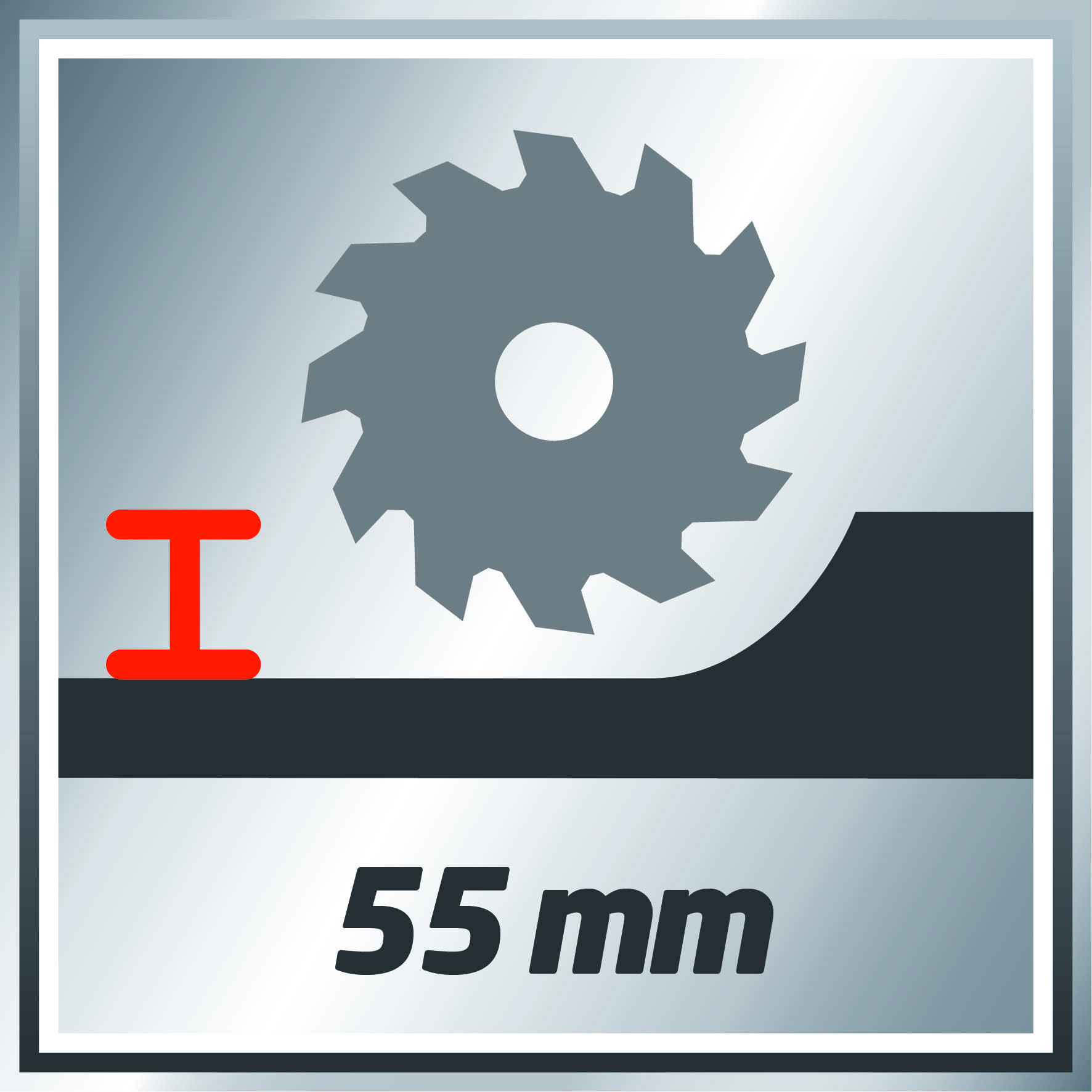 Symbol píly v tvare kruhu s I-nosníkom a reznou líniou; text: 55 mm.