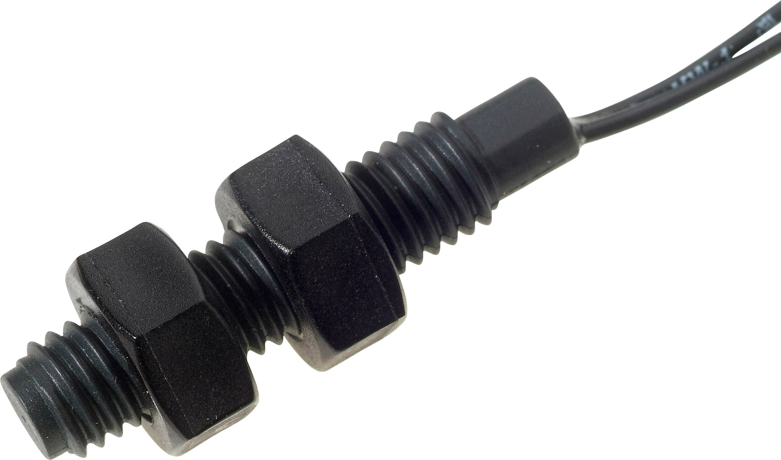Čierny magnetický snímač s dvoma šesťhrannými maticami a káblom, určený na detekciu magnetických polí v technických aplikáciách.