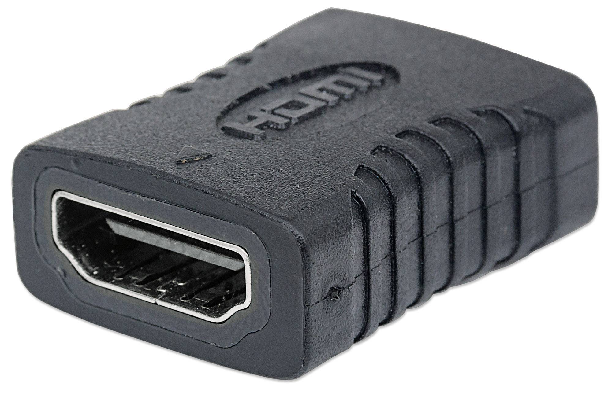 Čierny HDMI adaptér so samičkovým konektorom. Má vrúbkovaný povrch pre lepšiu priľnavosť.