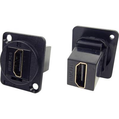 Dve čierne HDMI zásuvky s obdĺžnikovým tvarom a upevňovacími otvormi, jedna zobrazuje prednú stranu, druhá zadnú stranu.