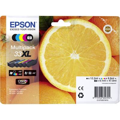 Atramentové kazety 'EPSON Multipack 33XL' pre tlačiarne. Zobrazuje veľký plátok pomaranča ako hlavný motív, poukazuje na farebnú rozmanitosť.