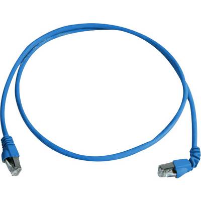 Modrý sieťový kábel s dvoma RJ45 konektormi, bežne používaný pre ethernetové pripojenia v domácich a kancelárskych sieťach.
