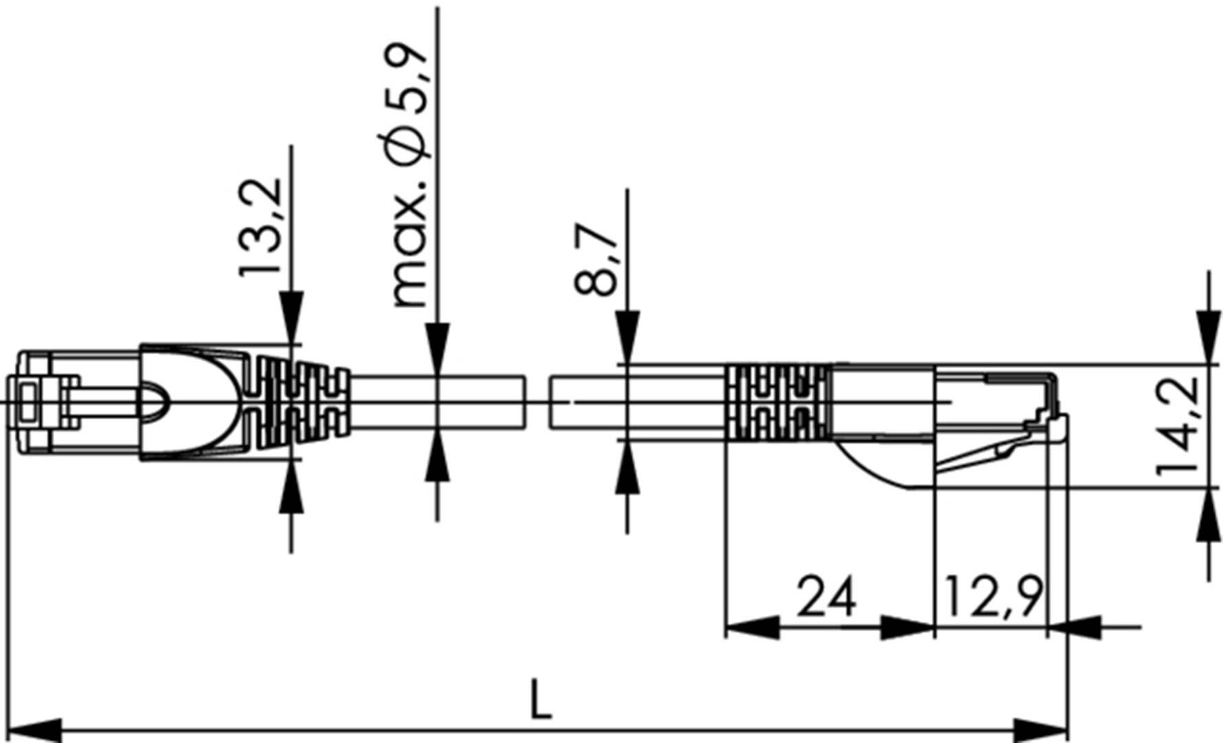 Technický výkres konektora s rozmermi v milimetroch: 13,2, 5,9, 8,7, 14,2, 24, 12,9, dĺžka (L). Kvantitatívne detaily viditeľné.