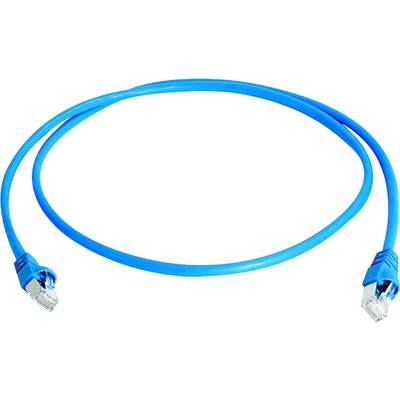 Modrý ethernetový kábel s dvoma RJ45 konektormi na koncoch, používaný na sieťové prepojenie počítačov a zariadení.