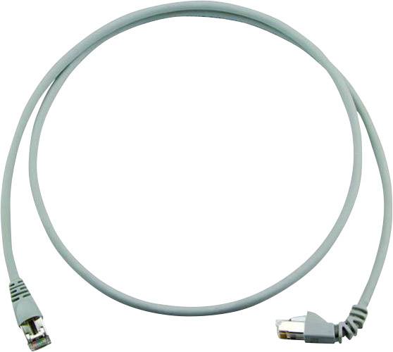 Svetlomodrý ethernetový kábel v uvoľnenej slučke, s RJ45 konektorom na každom konci.