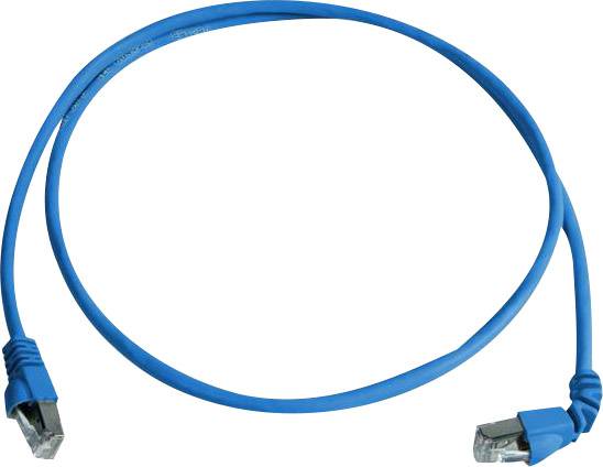 Modrý ethernetový kábel s konektormi RJ45 na oboch koncoch, používaný na sieťové prepojenie medzi zariadeniami.