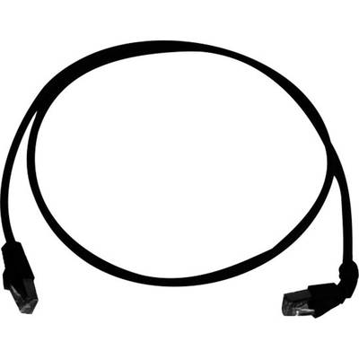 Čierny ethernetový kábel s dvoma RJ45 konektormi na koncoch, na bielom pozadí.