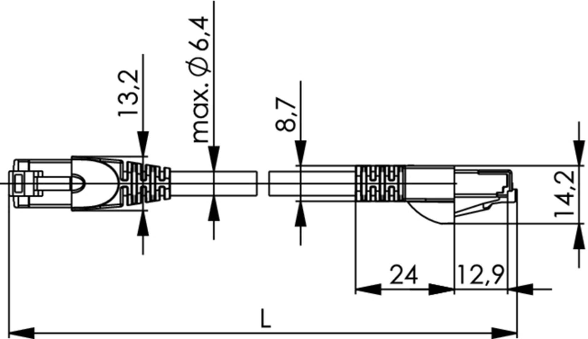 Technický výkres kábla so zástrčkou, pohľad z boku, s rozmermi: 13,2 mm, 6,4 mm priemer, 8,7 mm, 24 mm, 12,9 mm, 14,2 mm.