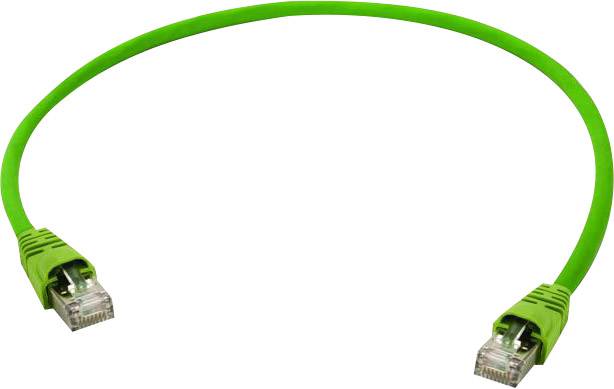 Zelený ethernetový kábel s dvoma RJ45 konektormi na koncoch.