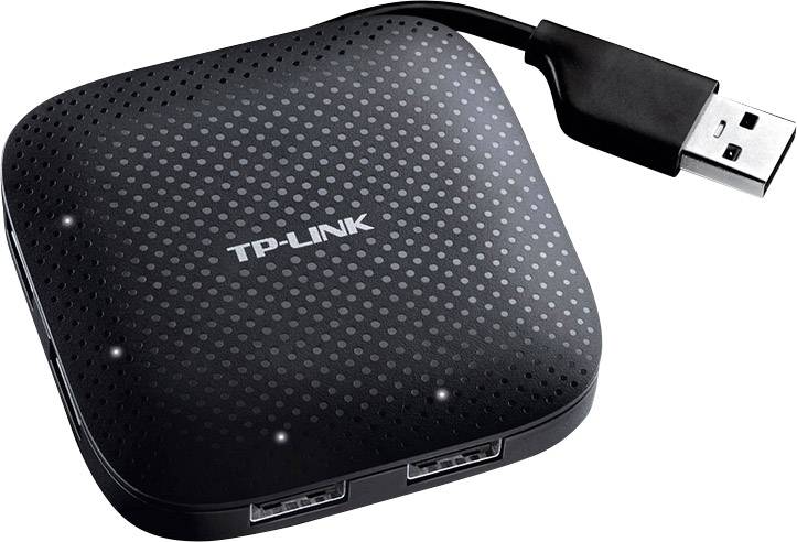 Čierny USB hub značky TP-Link so štyrmi portmi a USB káblom, navrhnutý pre jednoduché rozšírenie pripojenia zariadení.
