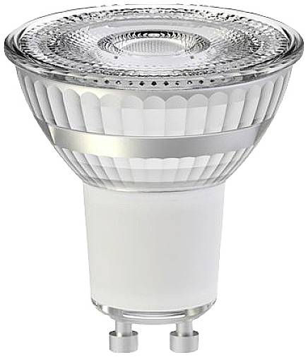 LED žiarovka v GU10 objímke, vhodná pre energeticky úsporné osvetlenie, s priehľadným sklom a fazetovým dizajnom.