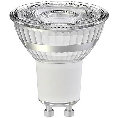 LED žiarovka v GU10 objímke, vhodná pre energeticky úsporné osvetlenie, s priehľadným sklom a fazetovým dizajnom.