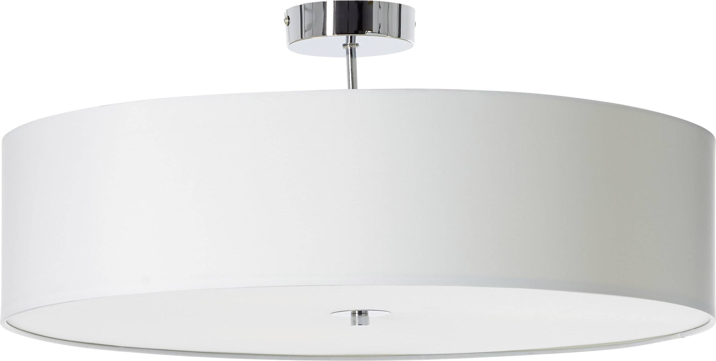 Biela stropná lampa s okrúhlym, minimalistickým dizajnom a chrómovým upevňovacím prvkom.