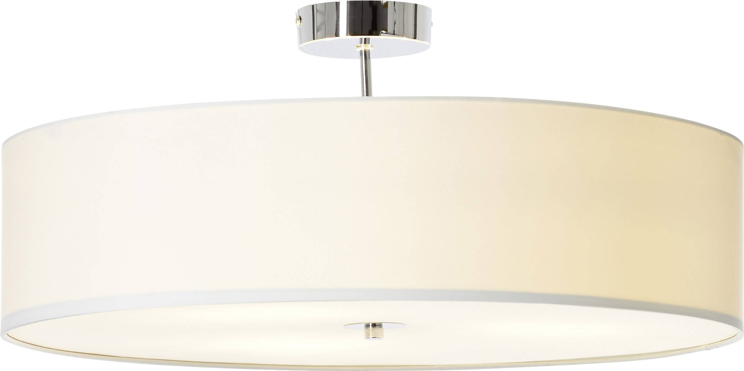 Elegantné stropné svietidlo s okrúhlym, krémovým tienidlom a chrómovo lesklým držiakom.