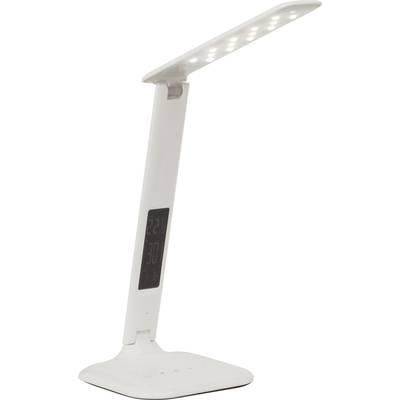 Biela stolová lampa s nastaviteľným ramenom, LED svetlom a integrovaným displejom na zobrazenie teploty a času.