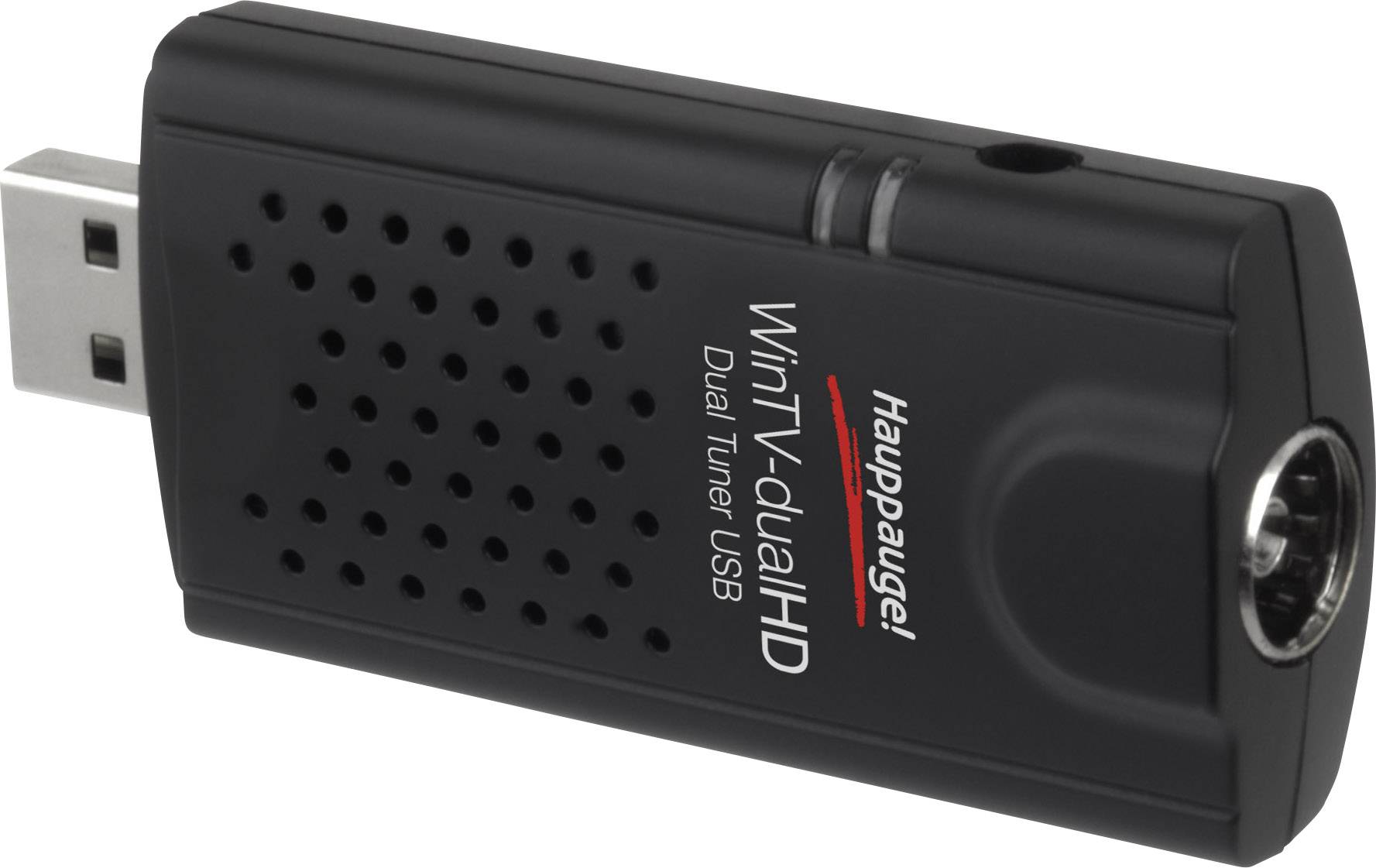 Čierny USB TV tuner s nápisom 'WinTV-dualHD' a 'Dual Tuner USB' od značky Hauppauge.