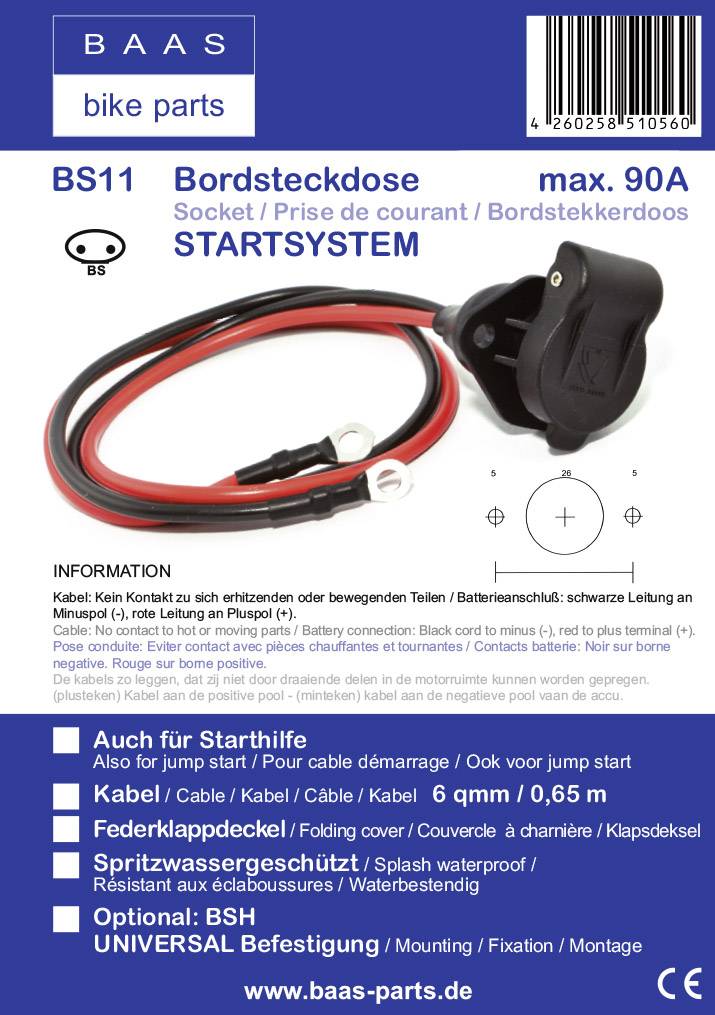 Zásuvka s červeným a čiernym káblom, max. 90A. Text popisuje technické detaily a príslušenstvo spoločnosti BAAS 'bike parts'. URL: www.baas-parts.de.