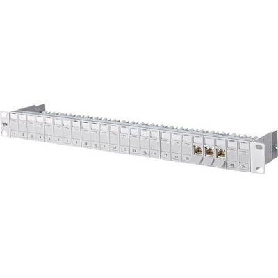 Patch panel s 24 ethernetovými portami, číslovanými od 1 do 24. Dva porty v treťom stĺpci sú zapojené. Sivý kryt.