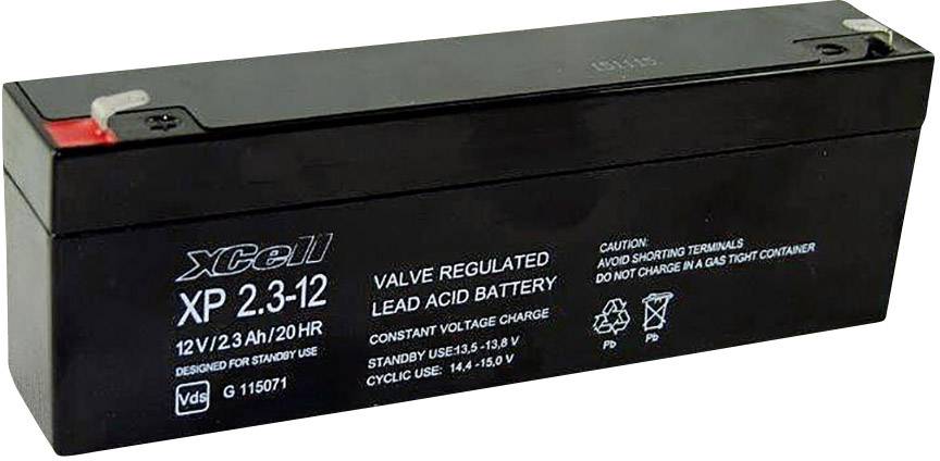 Nabíjateľná 12V olovená batéria, model 'XCell XP 2.3-12', vhodná pre kritické aplikácie.