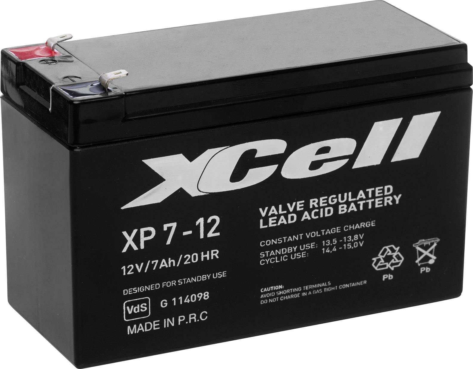 Čierna olovená batéria xCell XP 7-12, vhodná pre pohotovostné použitie, napätie 12V, kapacita 7Ah.