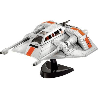 Model futuristickej vesmírnej lode s oranžovými značkami a dvoma delami, namontovaný na čiernom podstavci.