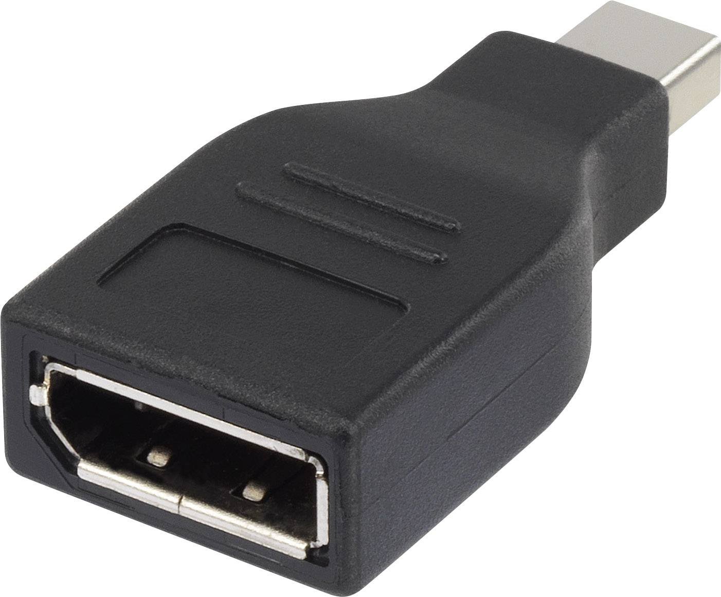 Čierny adaptér s USB-C konektorom na jednej strane a DisplayPort zásuvkou na druhej strane, určený na prepojenie zariadení.