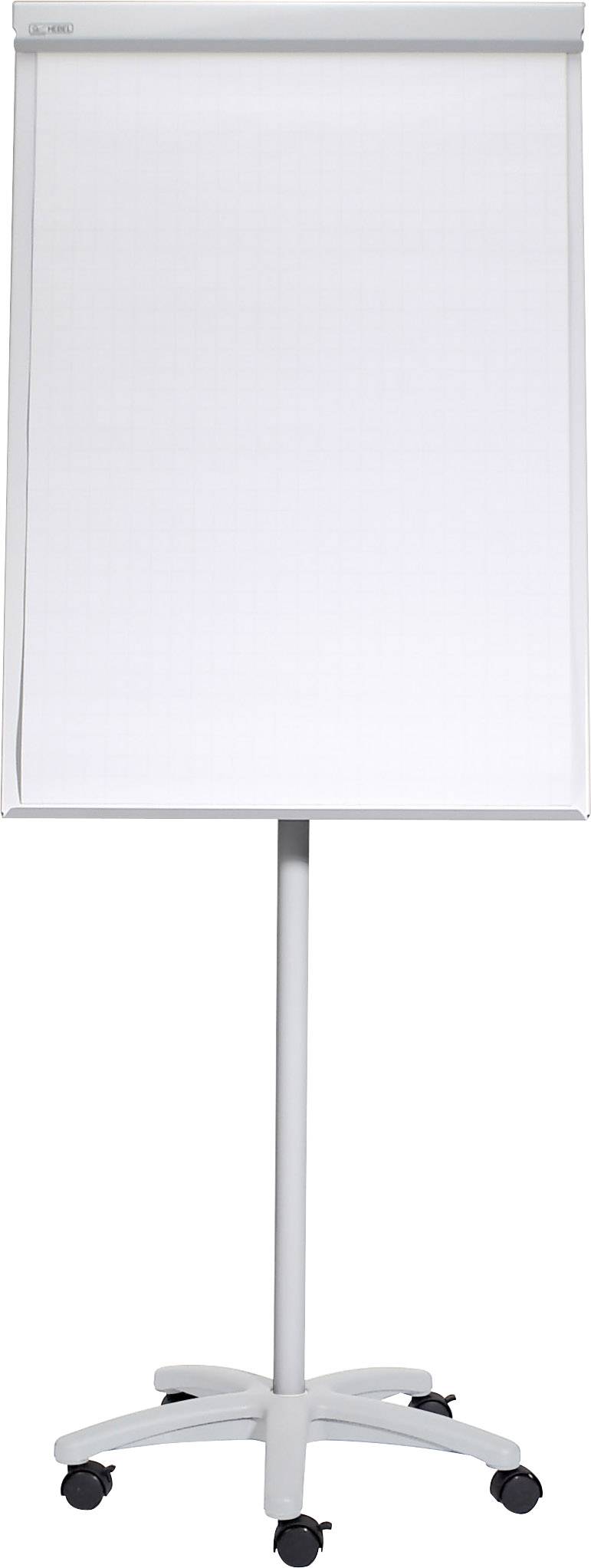 Prázdny flipchart na stojane s piatimi kolieskami, pripravený na použitie pre prezentácie alebo stretnutia.