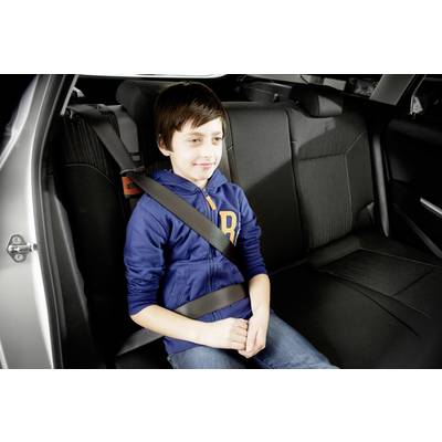 Dieťa sedí pripútané na zadnom sedadle auta, usmiatym výrazom a oblečené v modrej bunde. Dôraz je kladený na bezpečnosť v automobile.