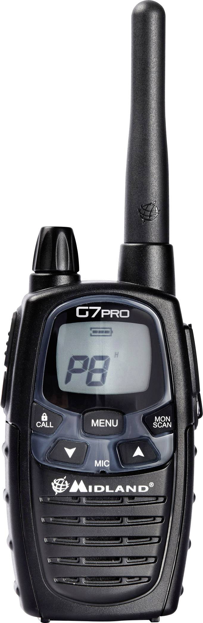Ručná vysielačka 'Midland G7 PRO' s anténou, displejom a tlačidlami pre menu, volanie a vyhľadávanie. Hlavný displej zobrazuje 'P8'.