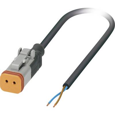 Dvojpólový elektronický káblovový konektor so sivým krytom a oranžovým zakrytím, pripojený k dvom odkrytým vodičom.