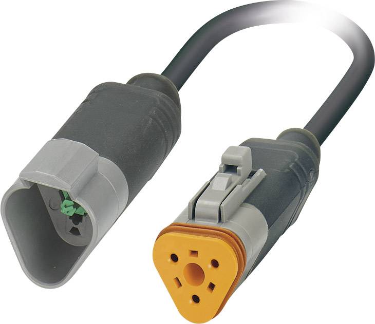 Dva elektrické konektory napájacieho kábla s rozdielne tvarovanými koncami, jeden obdĺžnikový a druhý trojuholníkový, v čiernej a sivej farbe s oranžovým akcentom.