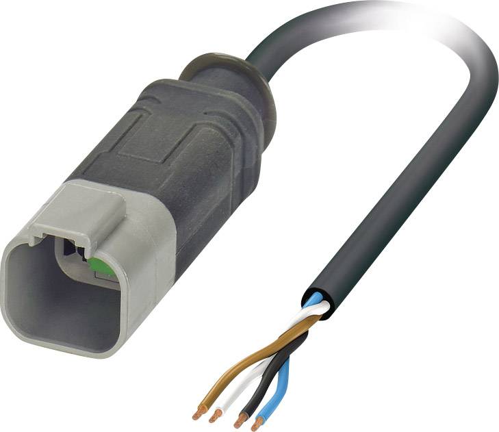 Čierny kábel s sivou zástrčkou a troma nezakrytými medenými vodičmi na konci, vhodný pre elektrické pripojenia.