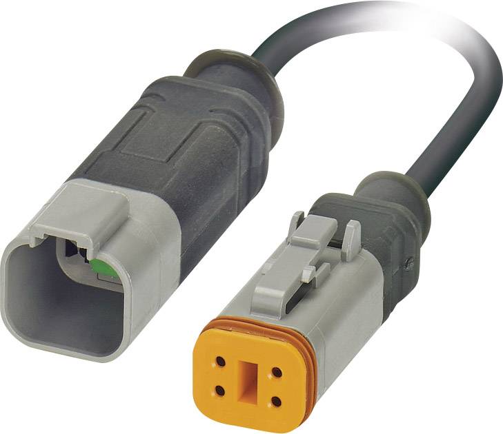 Elektrický konektor s dvoma koncami: vpravo samčí konektor s oranžovým krytom, vľavo samičí konektor.