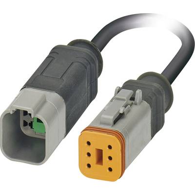 Konektor s dvoma koncami: jeden je sivý so zeleným vložením, druhý oranžový. Používa sa pre elektronické pripojenia.