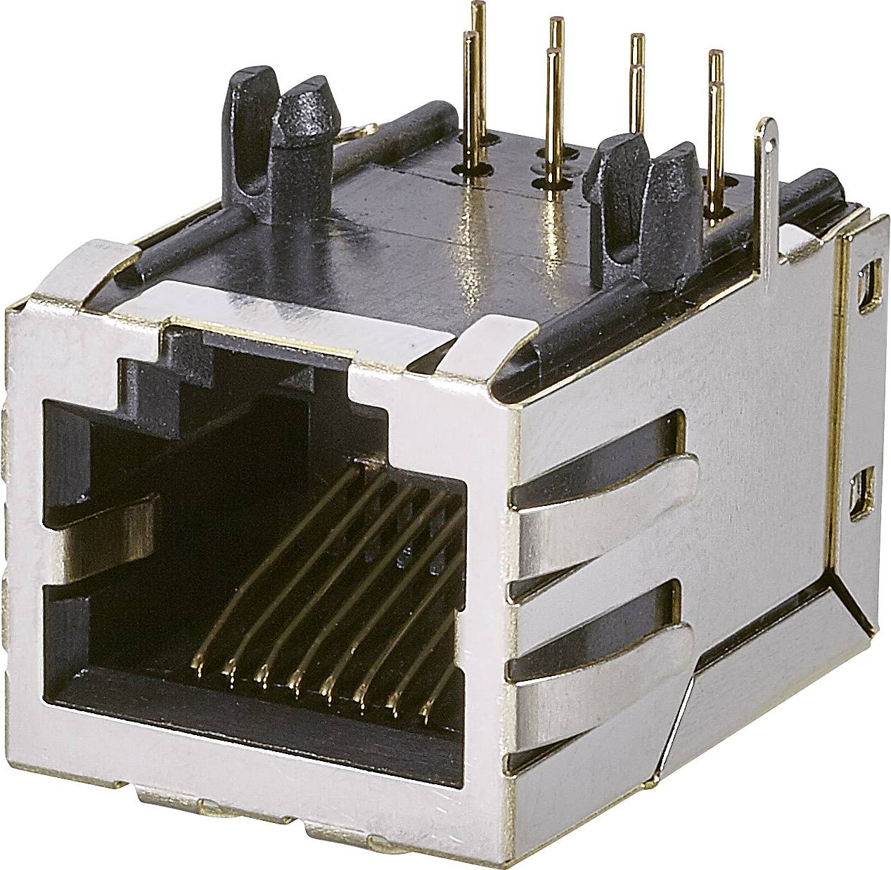 RJ45 modulárny zástrčkový konektor, často používaný pre ethernetové sieťové pripojenia. Zobrazuje zlaté kontakty a plastové púzdro.