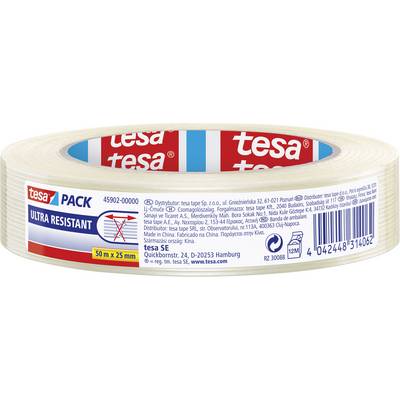 Lepiaca páska 'tesa PACK Ultra Resistant', 50 m x 25 mm, transparentná farba, vhodná pre silné lepenie, s informáciami výrobcu.