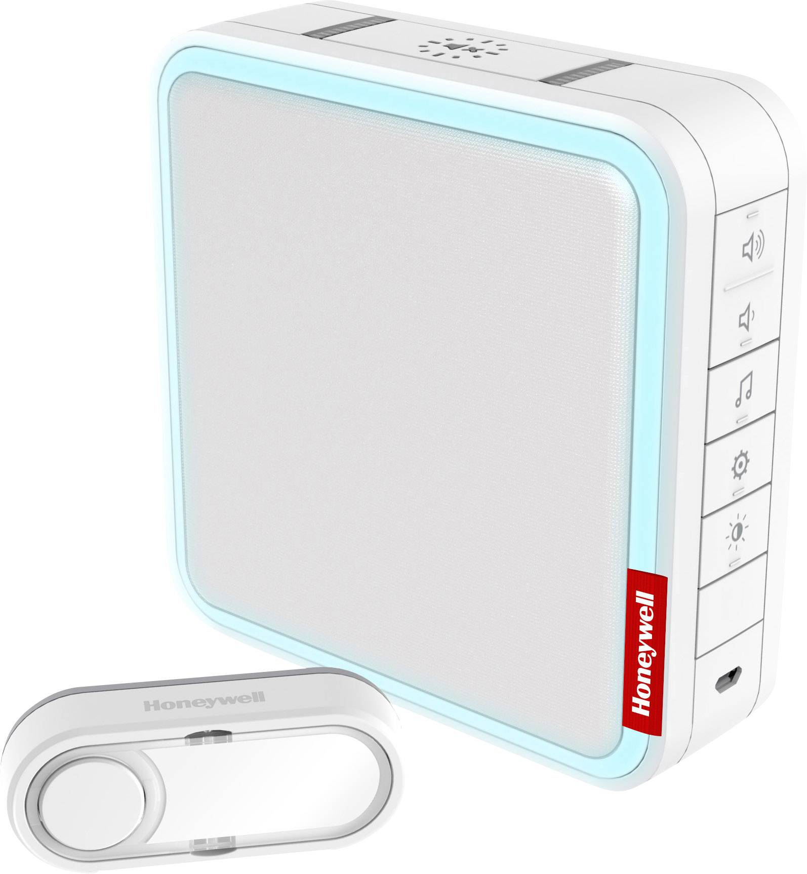 Biela bezdrôtová zvonček s štvorcovou jednotkou prijímača orámovanou modrým LED svetlom.